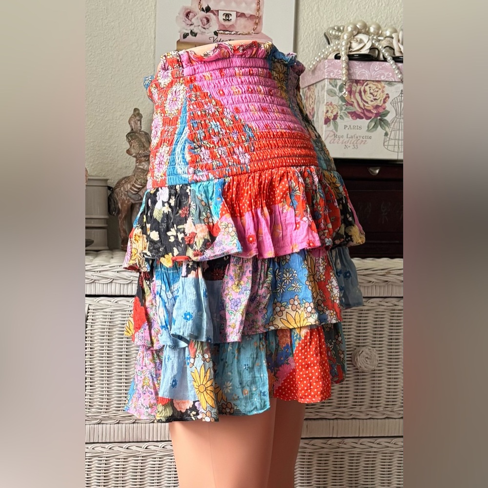 Spell & The Gypsy Collective Cha Cha Shirred Mini Skirt Multicolor Cotton Size M - Picture 6 of 9